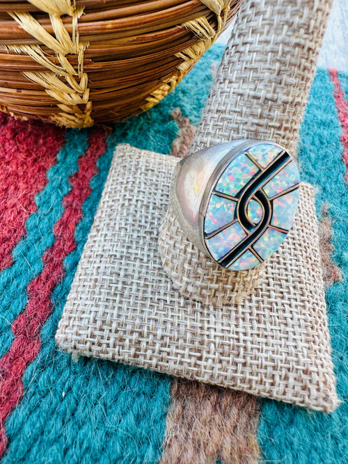 Old Pawn Handcrafted Opal, Onyx & Sterling Silver Inlay Ring Size 11