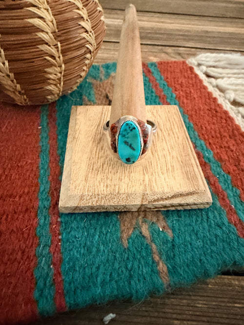 Old Pawn Handcrafted Turquoise, Coral & Sterling Silver Ring Size 14.5