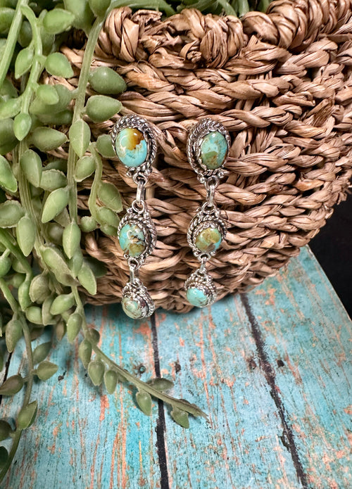 Handmade Natural Royston Turquoise and Sterling Silver 3 Stone Dangles