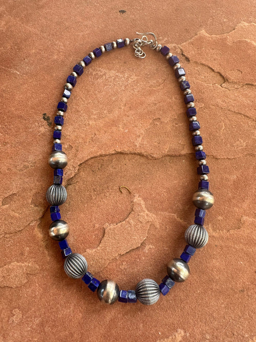 Handmade Sterling Silver & Lapis Beaded Necklace