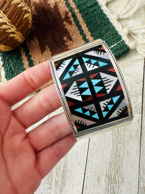 Old Pawn Zuni Multi Stone & Sterling Silver Inlay Cuff Bracelet