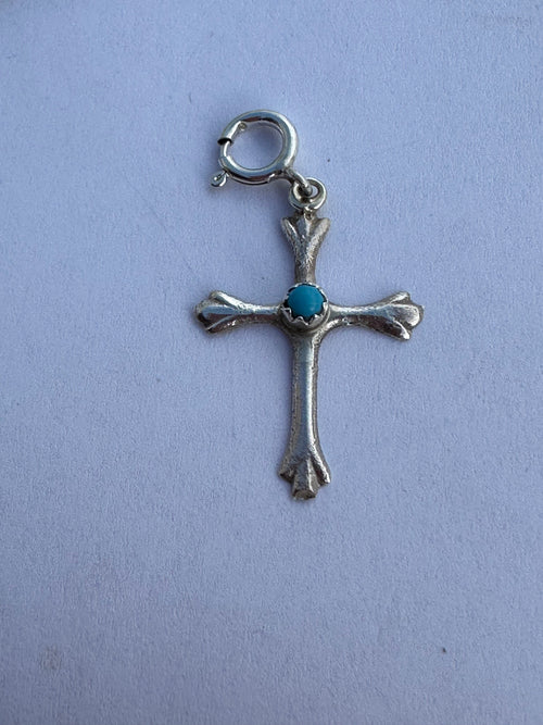 Navajo Crafted Sterling Silver and Turquoise Hand Stamped Cross Charm