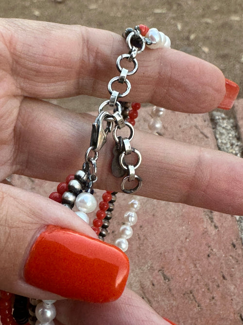 Handmade Sterling Silver, Pearl, Lapis and Coral Beaded Bracelet