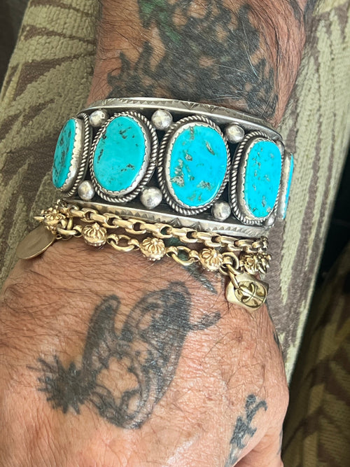 Old Pawn Navajo Sterling Silver and Natural Sleeping Beauty Turquoise Cuff Bracelet, Signed D