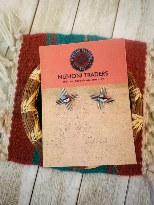 Handcrafted Old Pawn Sterling Silver & Multi Stone Sun Face Stud Earrings