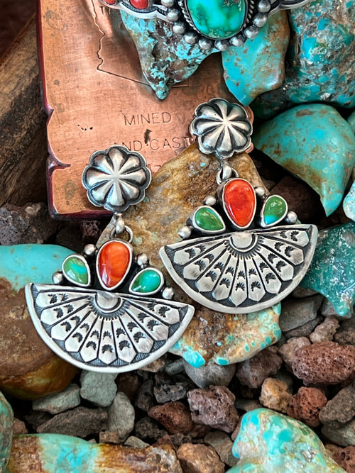 Handcrafted Beautiful Sterling Silver, Sonoran Turquoise and Spiny Oyster Shell Fruit Slice Concho Post Earrings by Loretta Delgarito