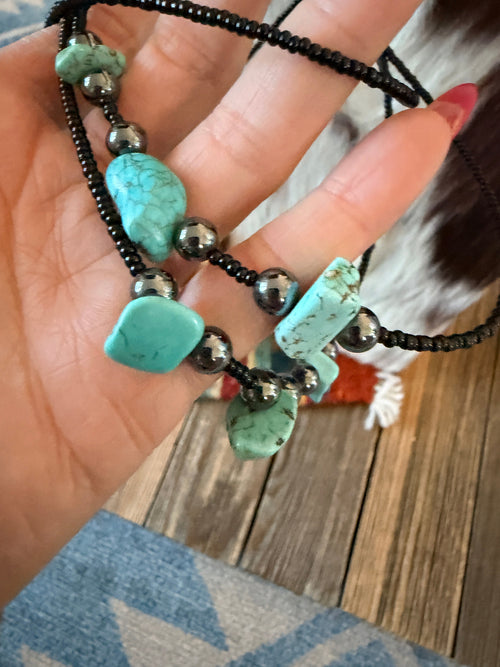 Old Pawn Handcrafted Turquoise, Hematite and Sterling Silver Beaded Necklace