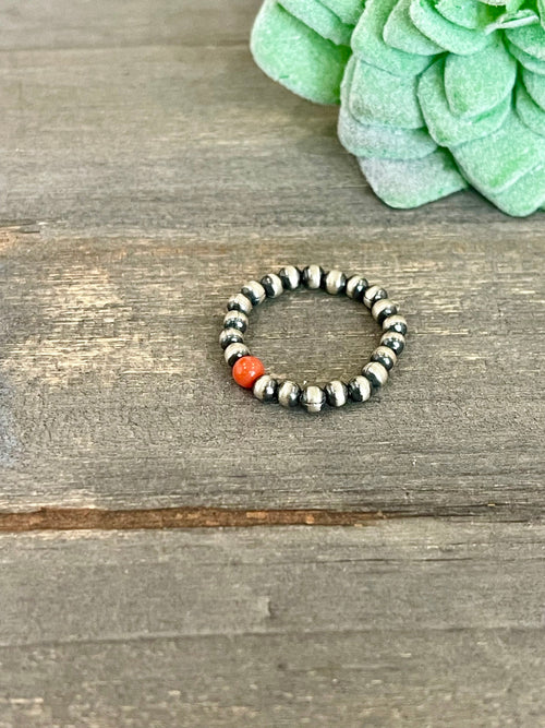 VENICE Handmade Sterling Silver Navajo Pearl Style Coral Beaded Stretch Ring