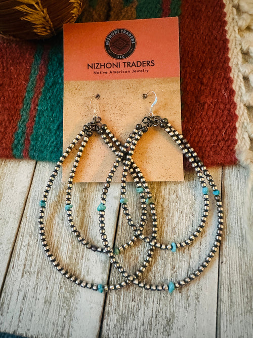 Handcrafted Turquoise & Sterling Silver Beaded Dangle Hoop Earrings