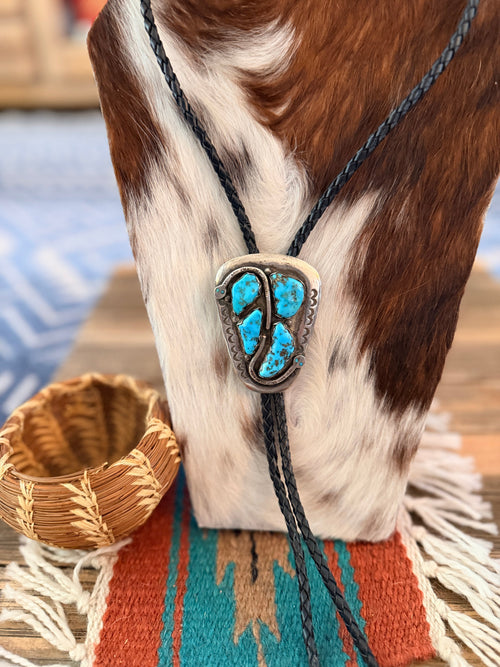Handcrafted Vintage Old Pawn Sterling Silver & Turquoise Concho Bolo Tie by Effie Calavaza