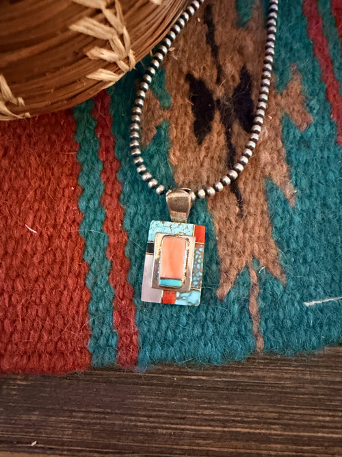 Old Pawn Handcrafted Multi Stone & Sterling Silver Inlay Pendant