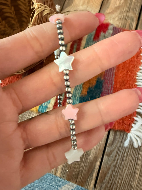 Handcrafted Pink Conch, Mother of Pearl & Sterling Silver Pearl Star Beaded Bracelet