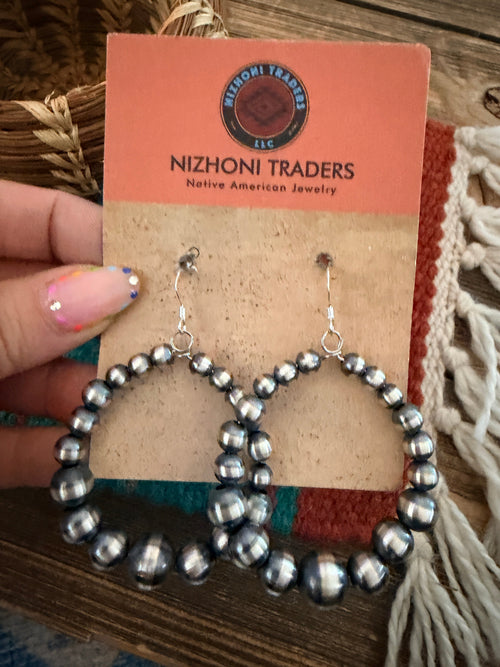 Handcrafted Sterling Silver Pearl Beaded Dangle Hoop Earrings
