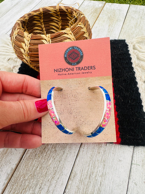 Handcrafted Old Pawn Sterling Silver & Multicolor Opal Inlay Hoop Earrings