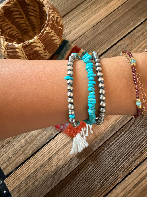 Handcrafted Turquoise & Sterling Silver Triple Strand Beaded Bracelet