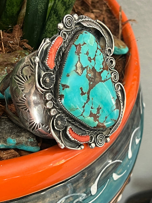 Vintage Navajo Sterling Silver, Turquoise and Coral Cuff Bracelet, Unsigned