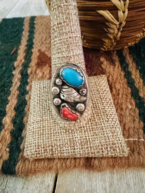 Old Pawn Handcrafted Turquoise, Coral & Sterling Silver Ring Size 11.75