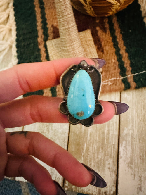 Old Pawn Handcrafted Turquoise & Sterling Silver Ring Size 7