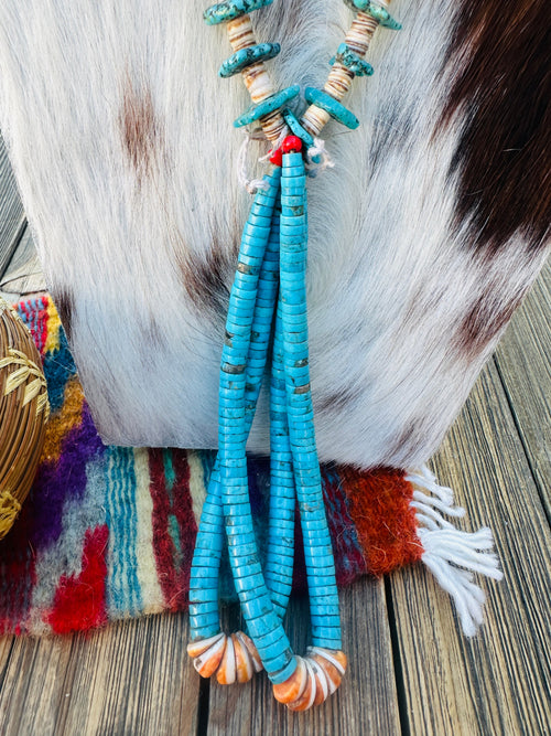 Old Pawn Handcrafted Heishi and Turquoise Beaded 30” Jacla Necklace