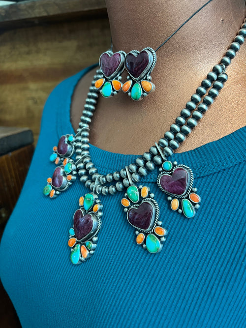Navajo Made Sterling Silver Electric Rainbow Beaded Heart Cluster Necklace & Earrings Set by Angela Martin