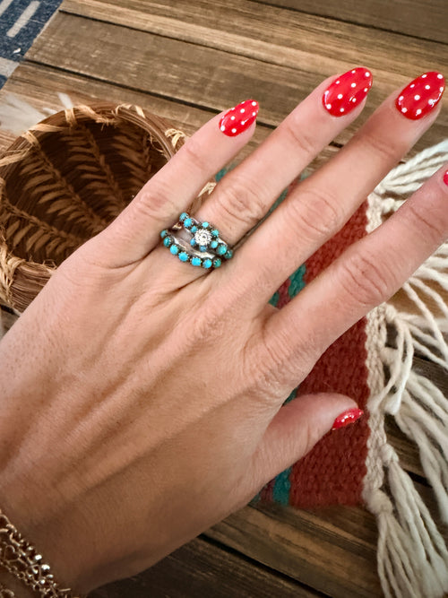 Old Pawn Handcrafted Turquoise, CZ & Sterling Silver Ring Set Size 5.25 by Joel Gray