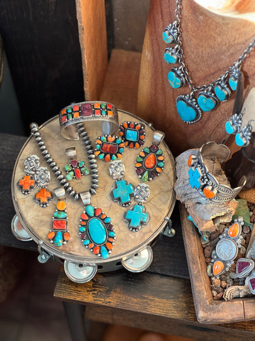 Navajo Electric Rainbow Spiny Oyster and Turquoise Cluster Pendant by Angela Martin