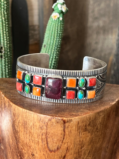 Navajo Electric Rainbow Turquoise and Spiny Oyster Cuff Bracelet by Bernyse Chavez