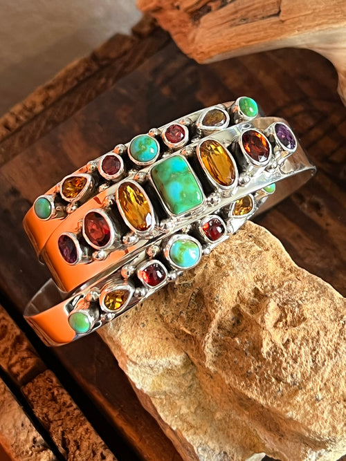 Navajo Made Sterling Silver Gems & Jewels Stacker Cuffs Bracelet by Lucy Jake, Narrow