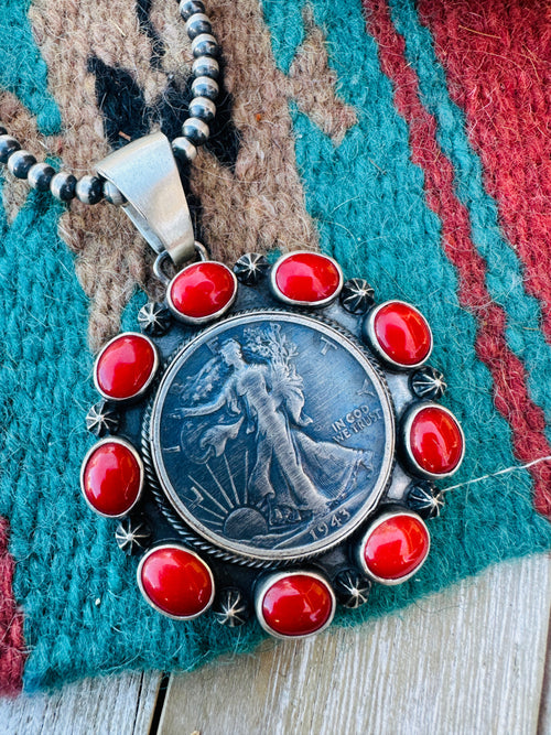 Handcrafted Sterling Silver and Coral Liberty Coin Pendant by Darrin Livingston