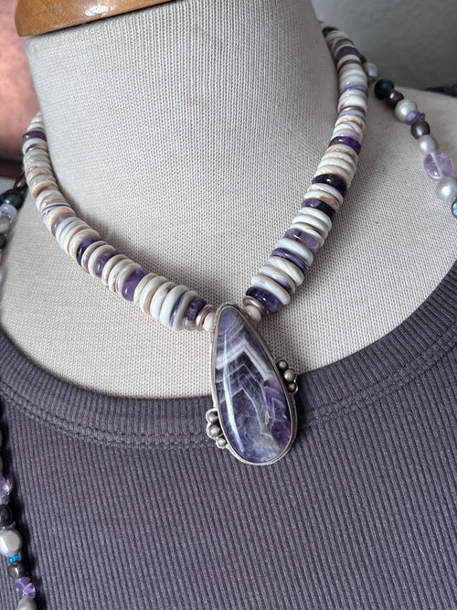 Tularosa Handcrafted Quahog Shell, Amethyst and Sterling Silver Beaded Necklace