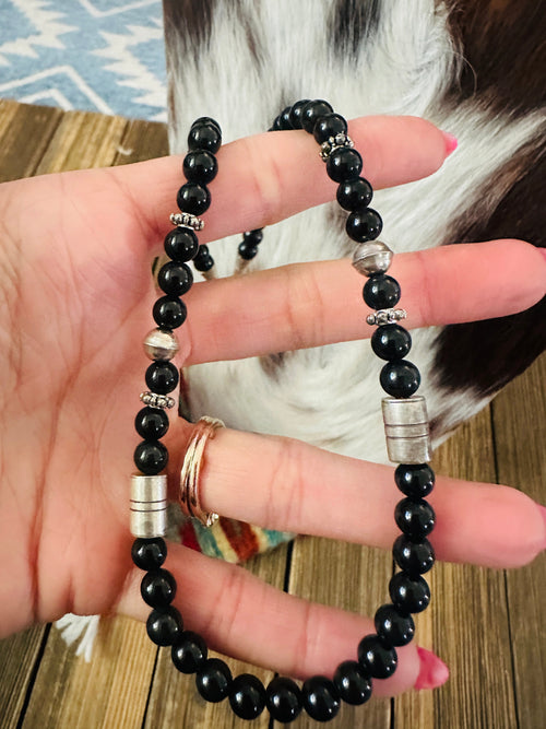 Handcrafted Black Onyx & Sterling Silver Beaded 16” Necklace by T & R Singer