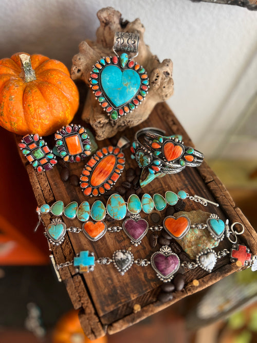 Handcrafted Split Sterling Silver, Sonoran Turquoise & Spiny Oyster Heart Cuff Bracelet by Diane Wylie
