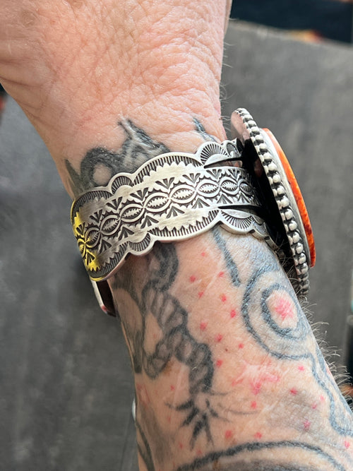 Navajo Hand Stamped Sterling Silver Split Cuff Bracelet with Spiny Oyster Shell by Murphy Platero
