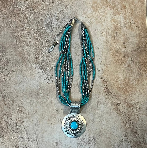 Silver-Plated Brass Sunflower Blue Accent Beaded Necklace