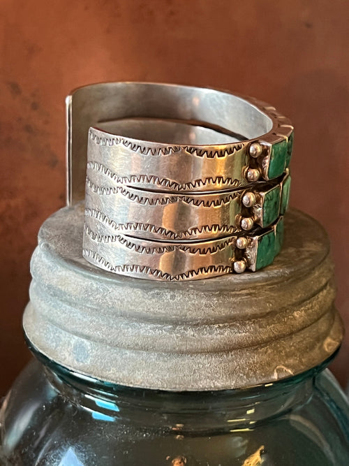 Vintage Sterling Silver and Turquoise Triple Row Square Stone Cuff