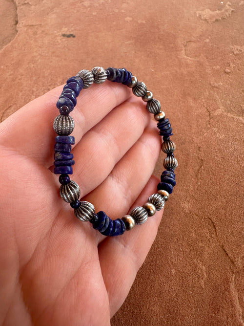 Handmade Lapis & Sterling Silver Beaded Stretch Bracelet