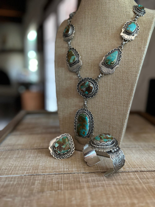 Charles Johnson Navajo Royston Turquoise & Sterling Silver Necklace, Bracelet and Ring Set Signed