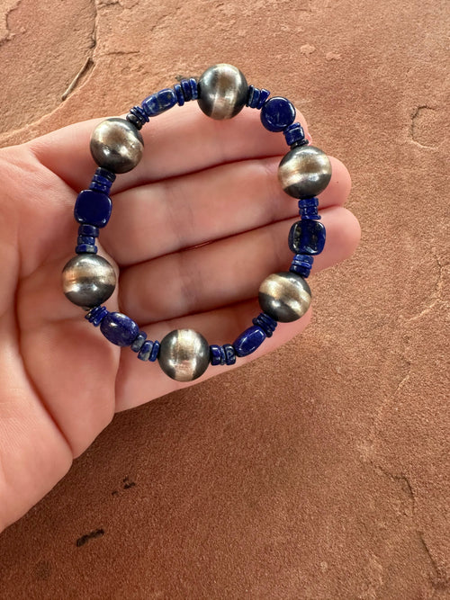 Handmade Lapis & Sterling Silver Beaded Stretch Bracelet