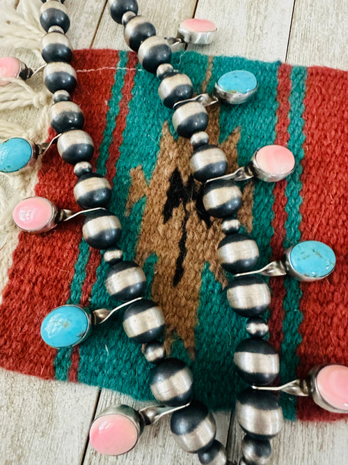 Navajo Queen Pink Conch, Turquoise & Sterling Silver Beaded Squash Blossom Necklace by Chimney Butte