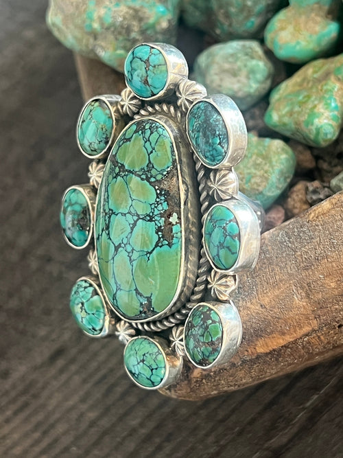 Apache Sterling Silver and Hubei Turquoise Cluster Ring by Rosella Paxson, Size 8.5