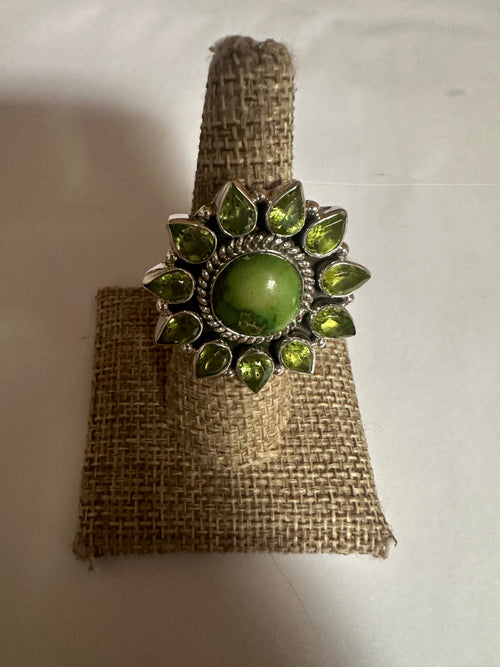 Handmade Sterling Silver, Sonoran Turquoise & Peridot Cluster Adjustable Ring