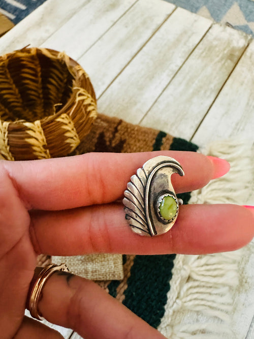 Old Pawn Navajo Sterling Silver & Turquoise Feather Ring Size 6.25