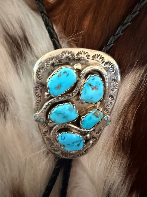 Handcrafted Vintage Old Pawn Sterling Silver & Turquoise Concho Bolo Tie by Effie Calavaza
