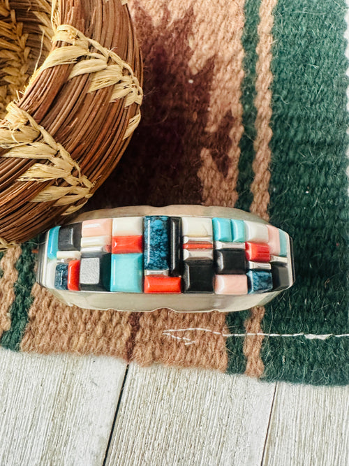 Old Pawn Navajo Multi Stone & Sterling Silver Inlay Cuff Bracelet