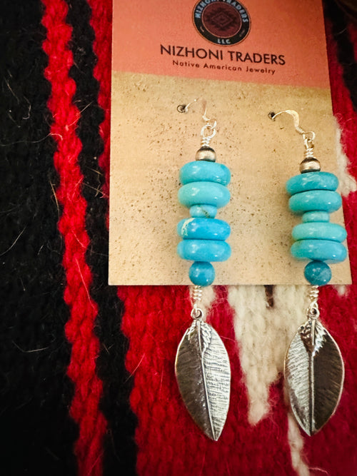 Navajo Turquoise & Sterling Silver Beaded Feather Earrings