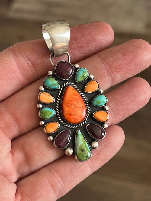 Navajo Electric Rainbow Spiny Oyster and Turquoise Cluster Pendant by Angela Martin
