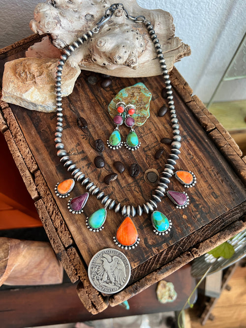 Navajo Made Sterling Silver Electric Rainbow Beaded Drop Charm Necklace & Earrings Set by Loretta Delgarito