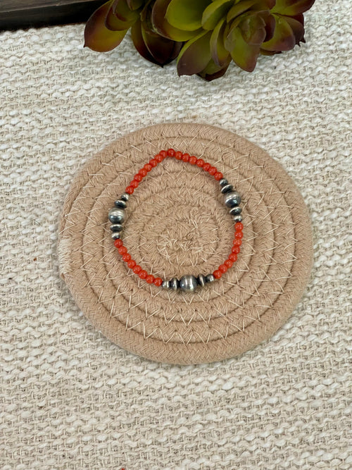 ** 4TH OF JULY ** Handmade Sterling Silver &  Coral Beaded Bracelet with Signed Nizhoni