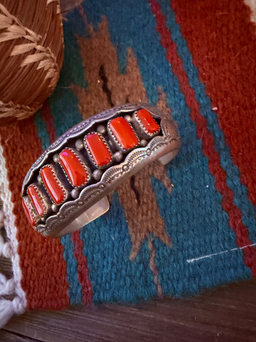 Handcrafted Old Pawn Sterling Silver & Coral Shadowbox Cuff Bracelet, Signed W.M.