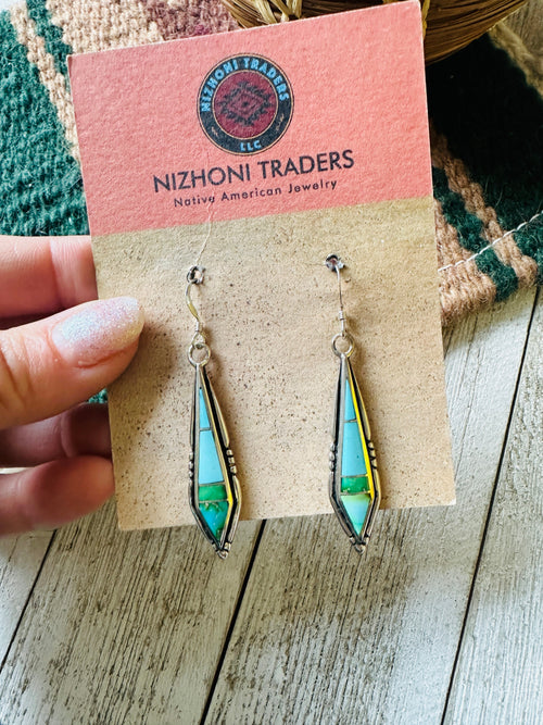 Navajo Sonoran Mountain Turquoise And Sterling Silver Inlay Dangle Earrings